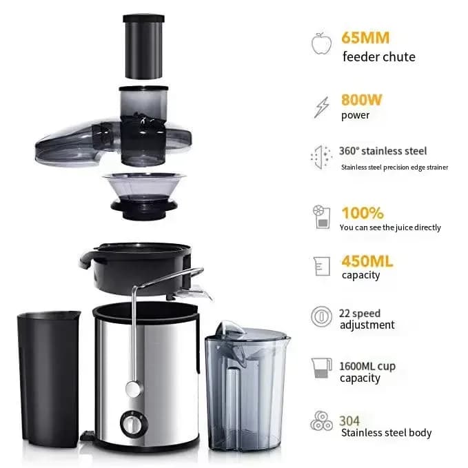 centrifugal juicer parts: pusher, lid, strainer, pulp container and jug