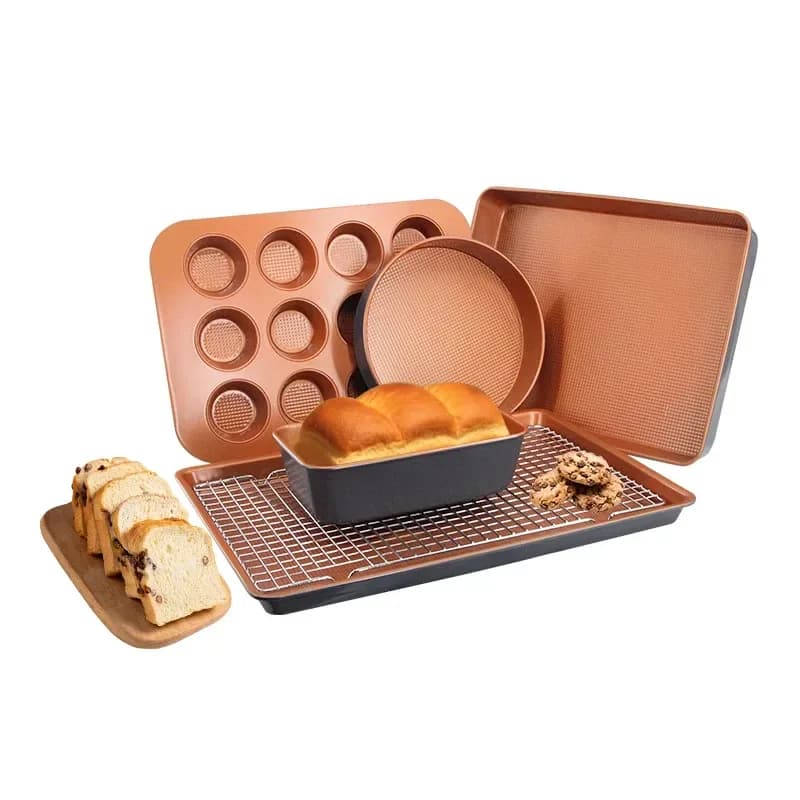 6 piece copper nonstick bakeware set with loaf, muffin, cake pans, trays and cooling rack