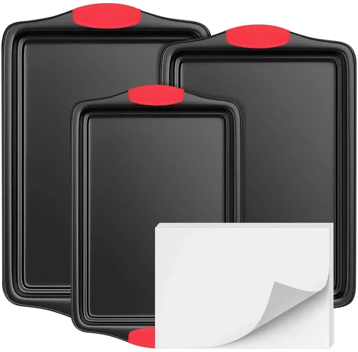 3 piece nonstick cookie sheet set with red silicone handles
