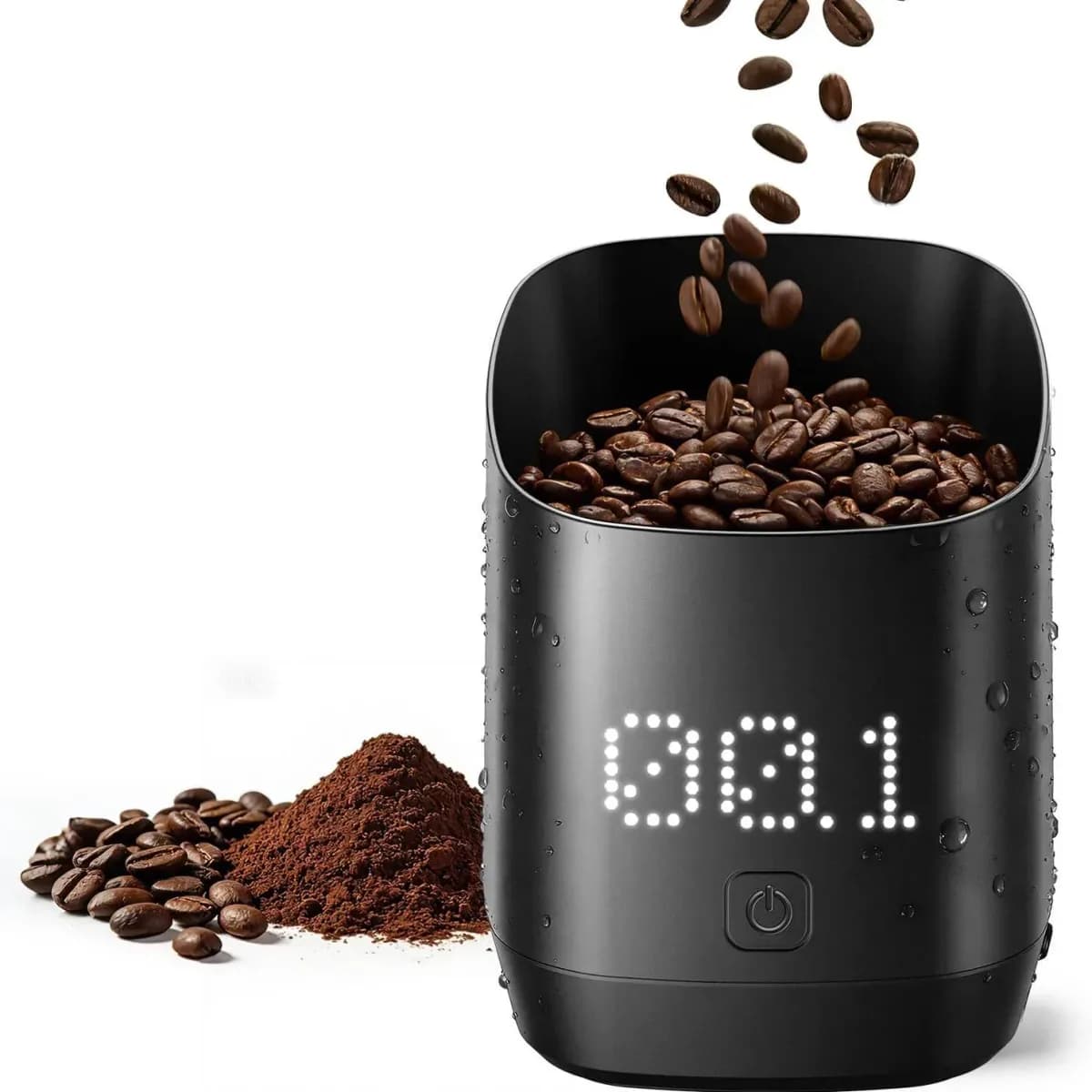 coffee dosing cup scale filled with coffee beans showing the weight