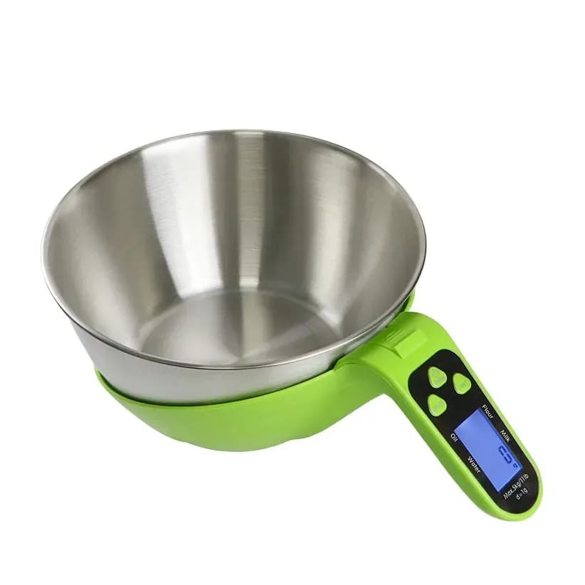 green measuring cup kitchen scale with removable stainless steel bowl