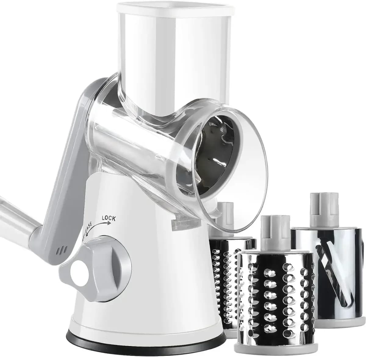 white rotary cheese grater with three stainless steel drums