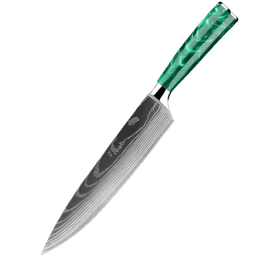 green resin handle chef knife with laser patterned blade