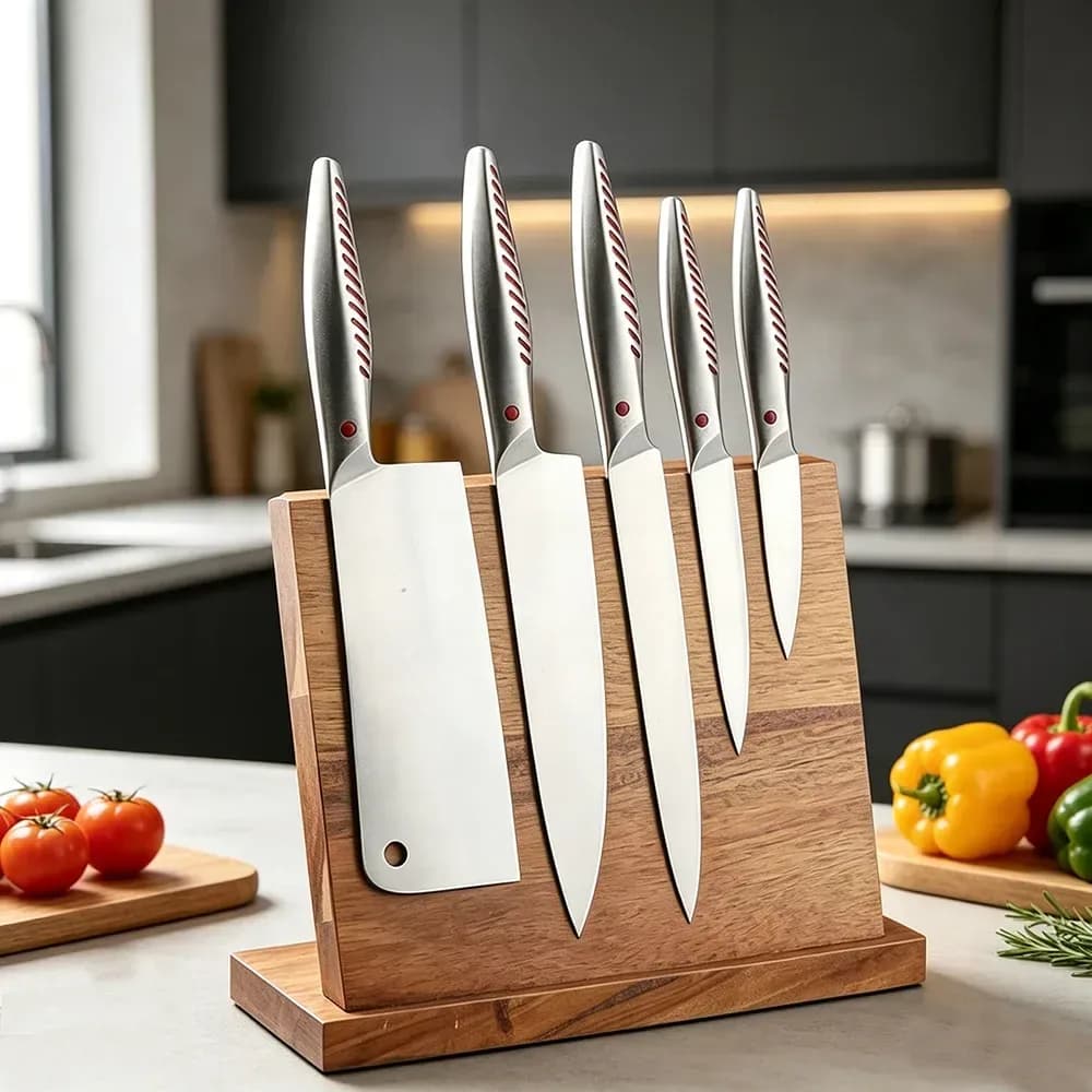 stainless steel knife set on a magnetic wood block in a kitchen