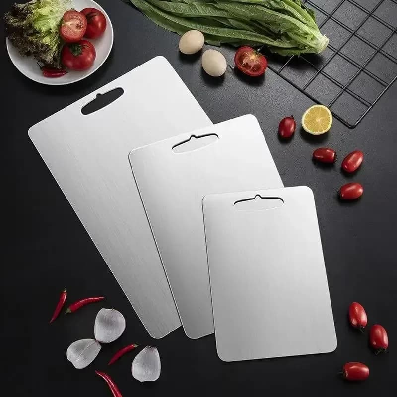 304 stainless steel cutting boards in three sizes with cut out handles