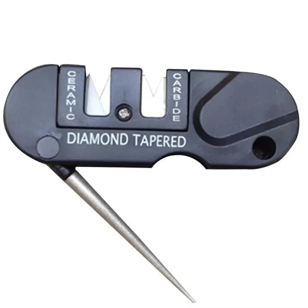pocket knife sharpener with carbide and ceramic slots and a diamond tapered rod