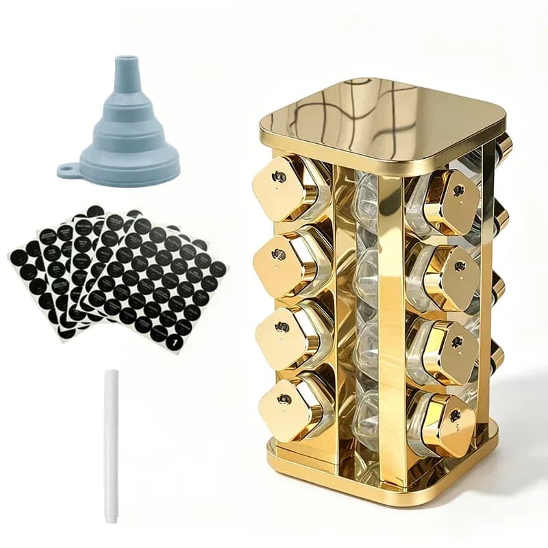 gold rotating spice rack with square glass jars, funnel, labels and chalk marker