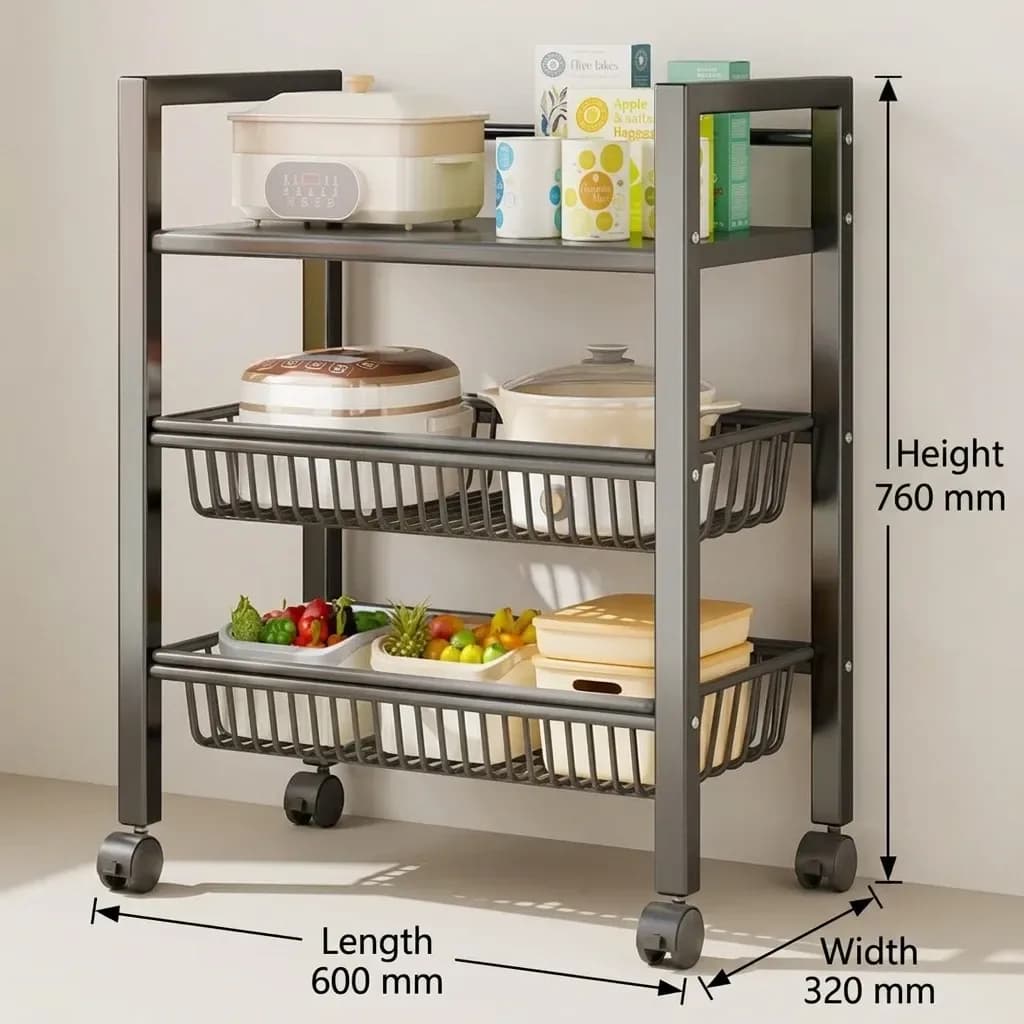 3 tier rolling kitchen storage rack with one shelf and two wire baskets, 60 x 32 x 76 cm