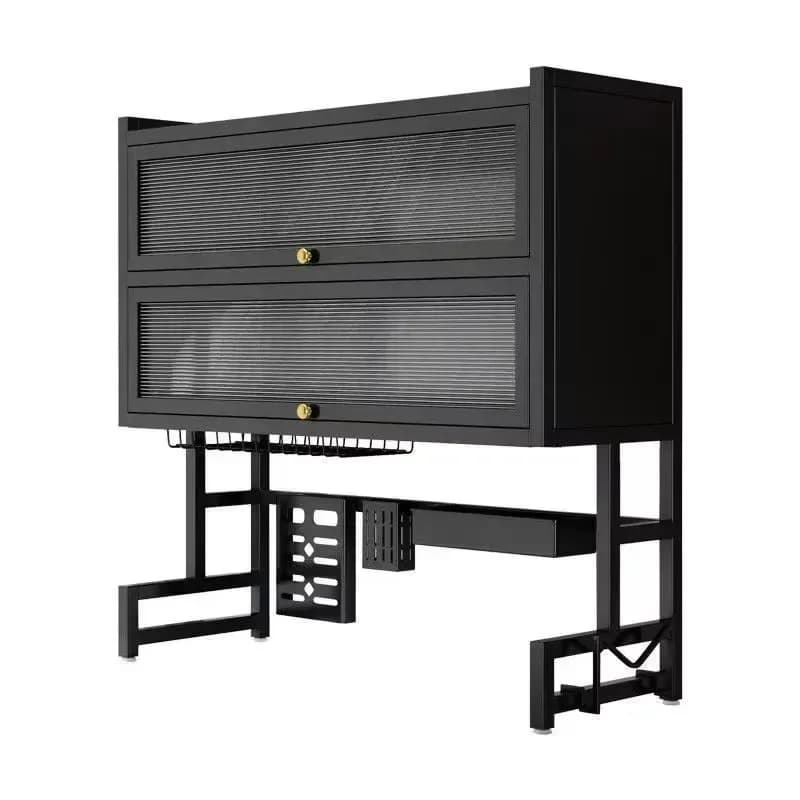 75 cm black over sink dish rack with two enclosed tiers and flip up doors